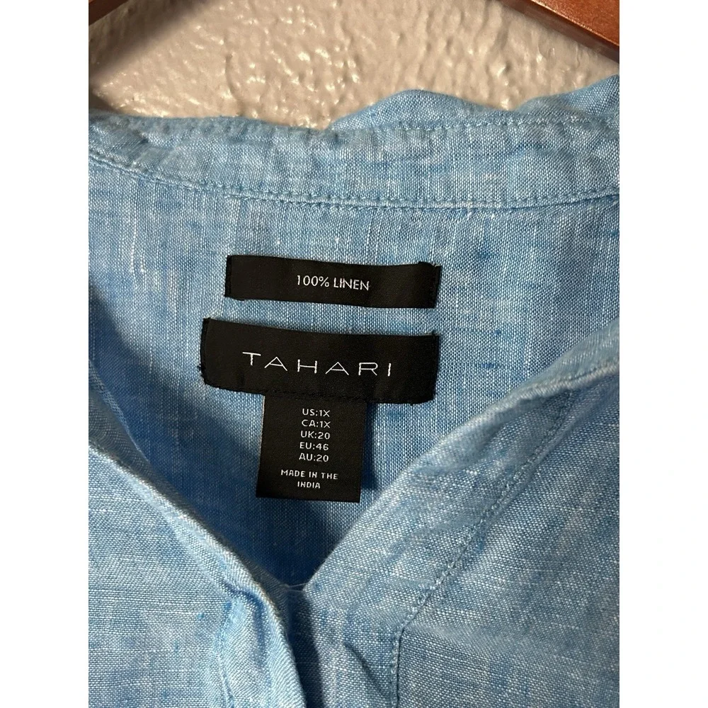 Tahari Top Womens 1X Blue 100% Linen Lagenlook Boxy Coastal Vacation Beachy - Picture 3 of 4